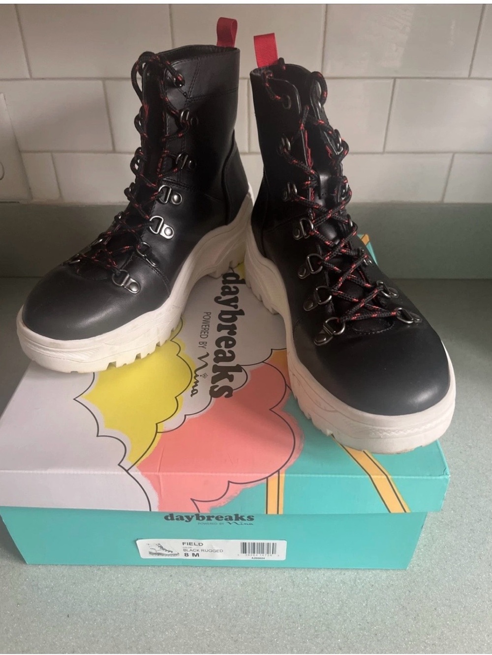 Black Platform Lace-Up Combat Boots with Red Accents Sz 8
